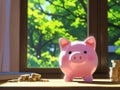 Pink Piggy Bank and Gold Coins in Sunlit Room [GenerativeAI] Royalty Free Stock Photo